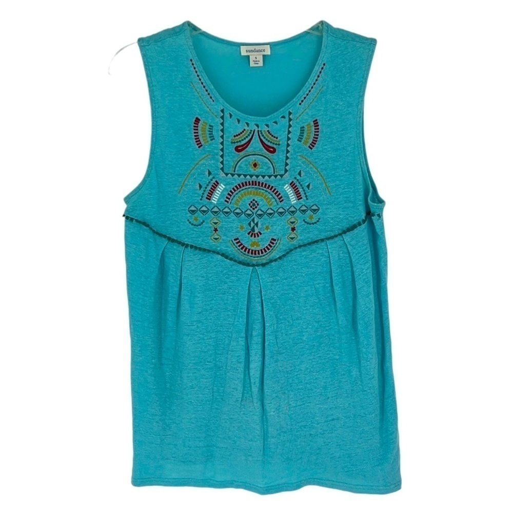 Sundance Top Sleeveless Blue Red Green Embroidery Linen Small